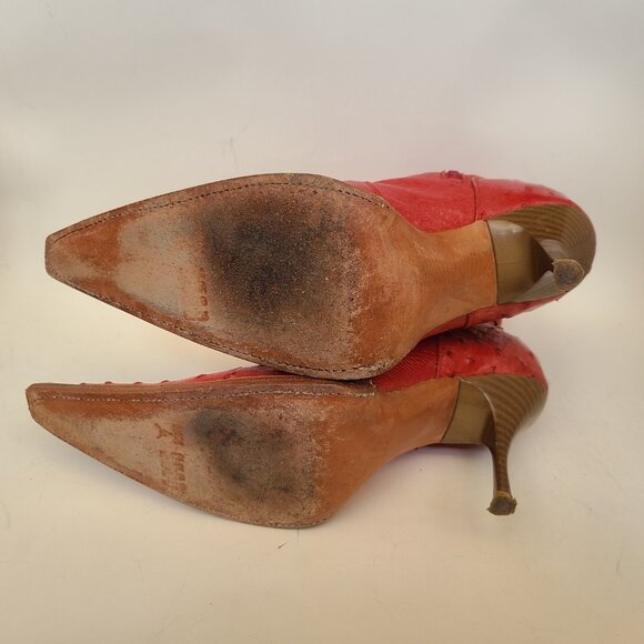 Vtg Goss Red Leather Ostrich Boots 6 Stiletto Pointed Toe Western Witchy Cowboy - Picture 12 of 16
